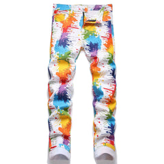 Men's White Jeans in Asian Sizes; Blue-Red-Green-Purple Printed Stretch Denim Pants; Stylish Slim-fit Trousers.