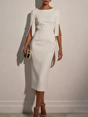 Women's Solid Color Pencil Midi Dress - Pearl Embellished Half Sleeve O-Neck Elegant Office Wear
