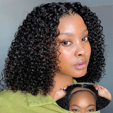 Short Curly Water Wave Human  Bob Wigs Transpare Lace F