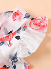 White Base Rose Print Girls Ruffle Sleeve Pleated Dress Sweet Style Summer Outfit