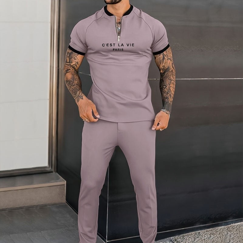 Spring Autumn Long Sleeve T Shirt+Pants Men 2 Piece Sets Men Tracksuit Printed Casual Eound Collar Zipper Sportwear Suit S-3XL