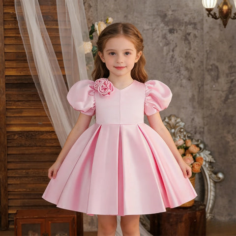 Girls Pink Puff Sleeve Knee Length Dress Kids Dresses for Girls Summer Children Girls Birthday Party Dress 8-12 Years ASQ03
