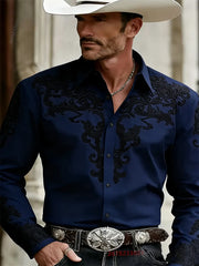 Men's Western Cowboy Style Fashion Print Long-Sleeve Shirt, Retro Lapel Slim Fit, Outdoor Casual Shirt, Sizes XS-6XL, 21 Colors