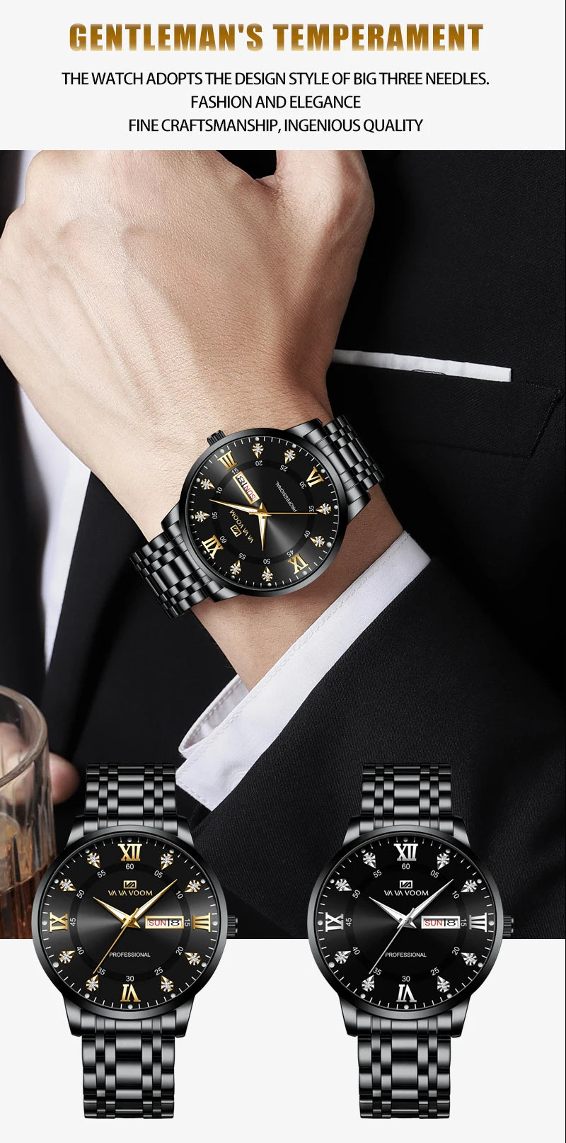 Top Brand Men Watch Stainless Steel Top Quailty Luxury Push Button Hidden Clasp Waterproof Luminous Date Week Sport Wrist Watch