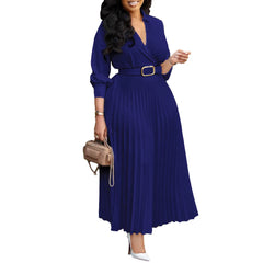 Elegant V Neck Lace-up Belted Party Dresses Women Spring Pleated Dress Autumn Three Quarter Sleeves Office Lady Dress Vestidos
