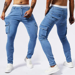2025 New Men Street Elastic Denim Jeans Multi Pockets Cargo Pants Casual Slim Denim Trousers Fashion Y2k Joggers Baggy Man Pants