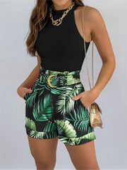 Women Fashion Summer Two Piece Set Sleeveless Floral Vest Shirts + Short Pants Female Elegant Y2K 2Pcs Set Streetwear