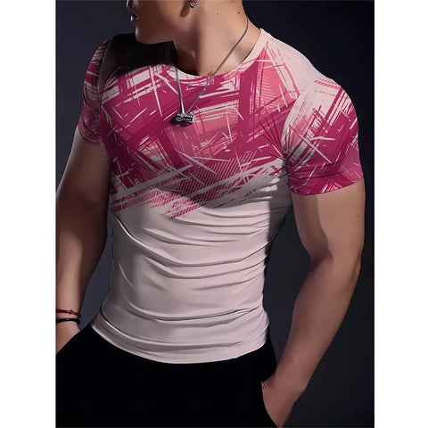 Men's Gradient Stripe 3D Printed T-shirt Summer Outdoor Casual Sports Quick Drying Short Sleeve Top Fitness Men Clothing Tee Top