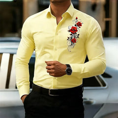 Men's Long-Sleeved Shirt, Featuring a Vintage Red Rose Print Design. A Stylish