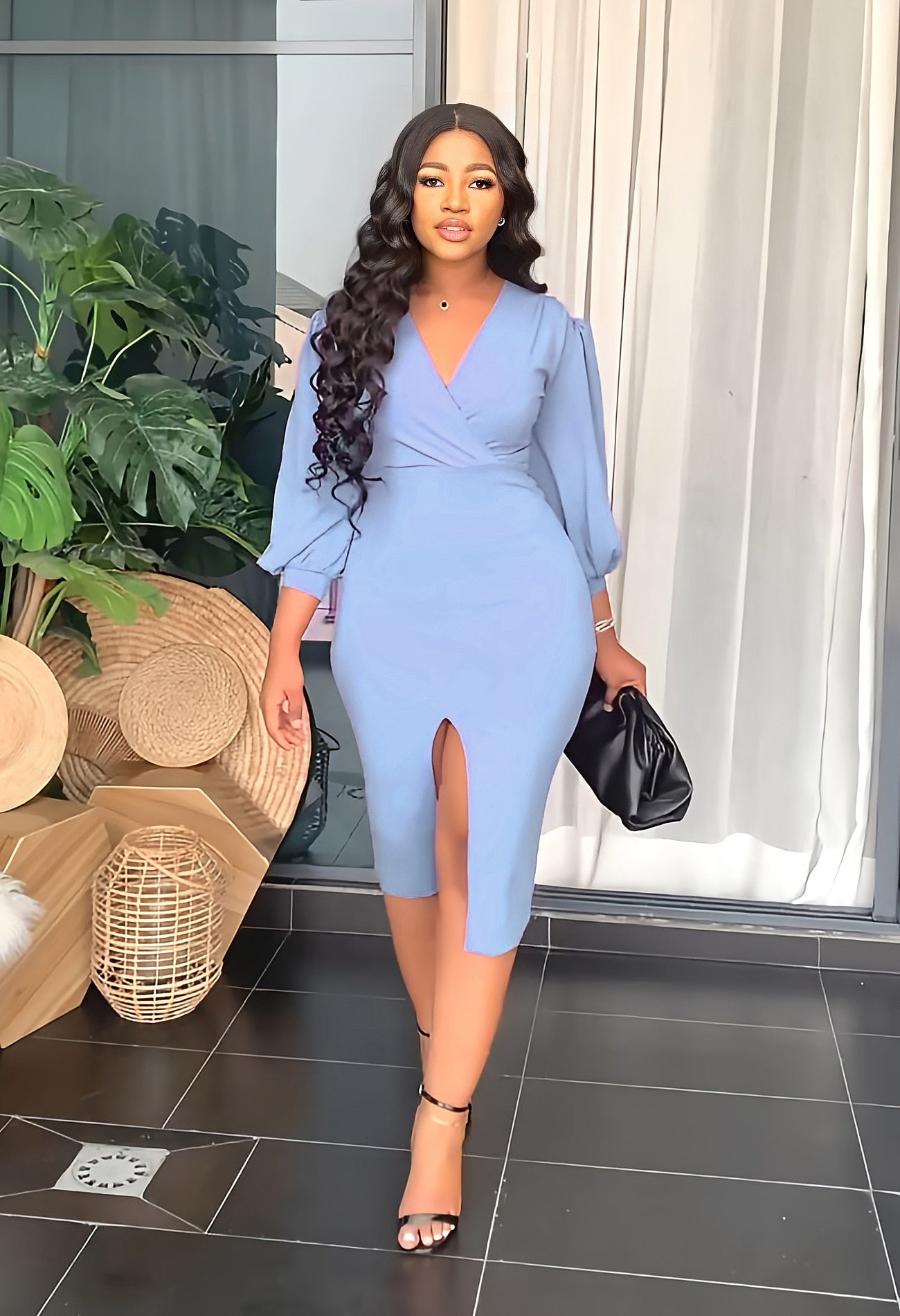 Spring Summer V-neck Slim Slit Dress Women Fashion Office Lady Solid Long Lantern Sleeve Slim Dress Women