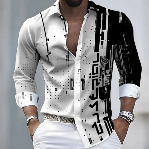 Men's 21-Color Long-Sleeved Shirt Loose Fit Black White Patchwork Geometric Letter Print Stylish Design Casual Fashion Top