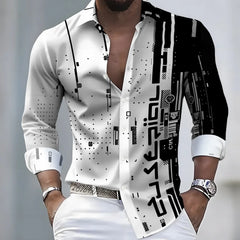 Men's 21-Color Long-Sleeved Shirt Loose Fit Black White Patchwork Geometric Letter Print Stylish Design Casual Fashion Top