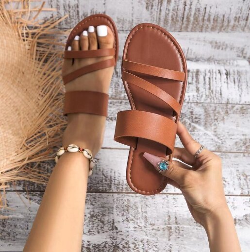 Women&#39;s Slippers Summer Sexy 2023 Leather Open Toe Shoes Outdoor Beach Casual Flat Female Slides Soft Zapatos De Mujer PU1