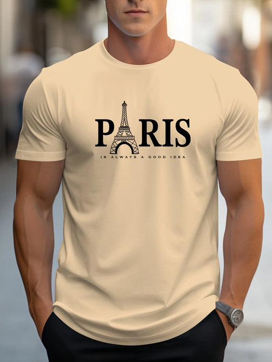 Summer Men's T Shirt Short Sleeve Paris Pattern Print Casual O-Neck Oversized