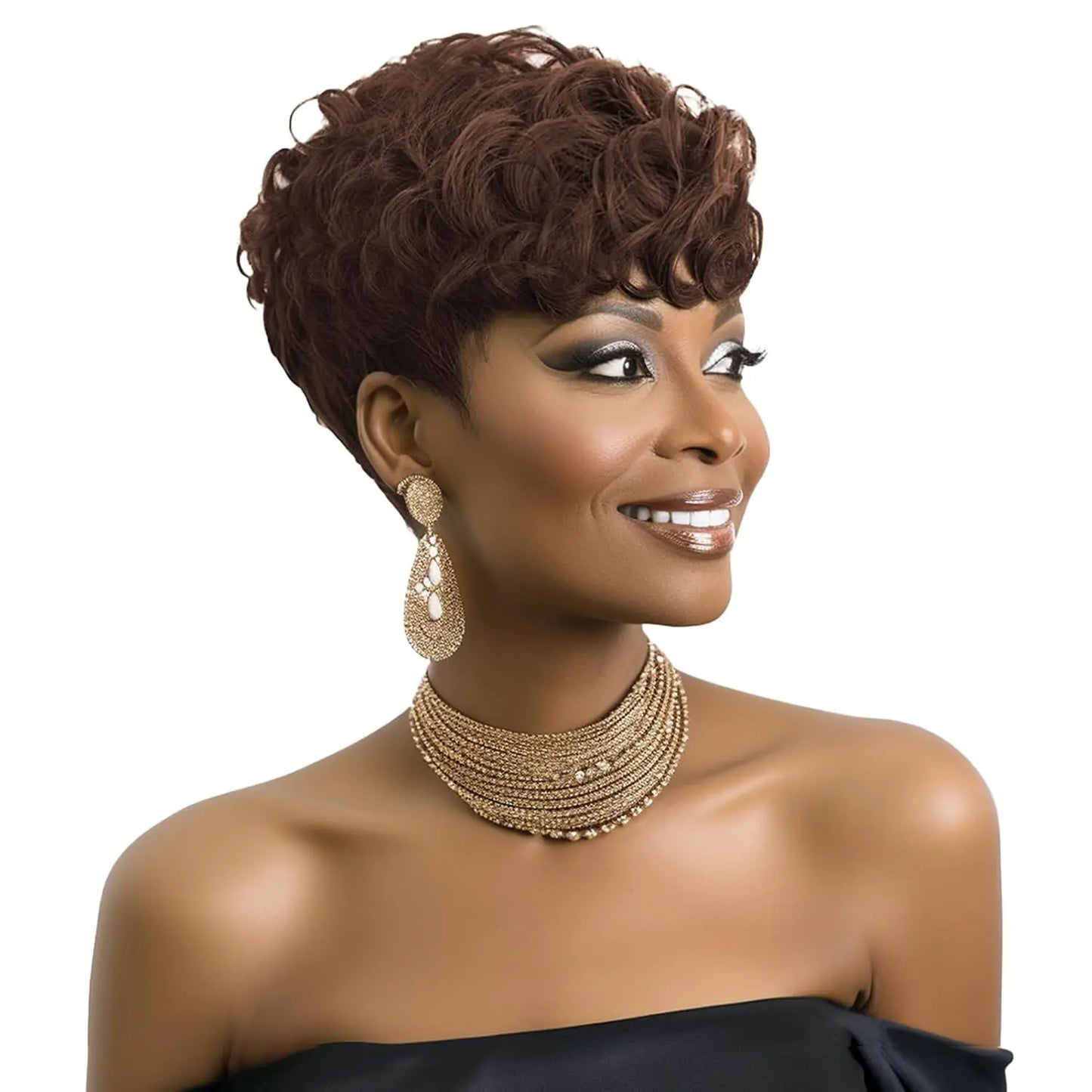 Black women's short elf wig with bangs, layered style, curly synthetic short hair wig, women's short curly wig