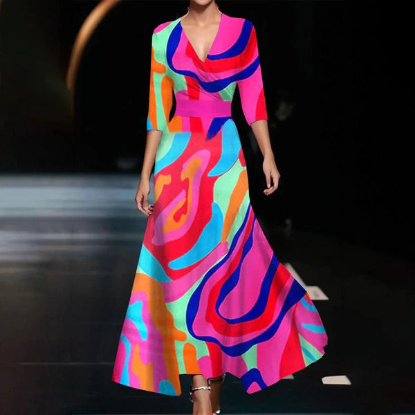 Fashionable V-neck Three-quarter Sleeve Dress For Women Spring Autumn New Elegant Waisted Floral Printing Casual Dresses Female