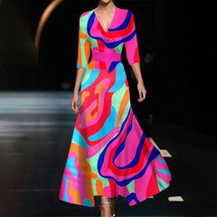 Fashionable V-neck Three-quarter Sleeve Dress For Women Spring Autumn New Elegant Waisted Floral Printing Casual Dresses Female