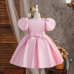 Girls Pink Puff Sleeve Knee Length Dress Kids Dresses for Girls Summer Children Girls Birthday Party Dress 8-12 Years ASQ03