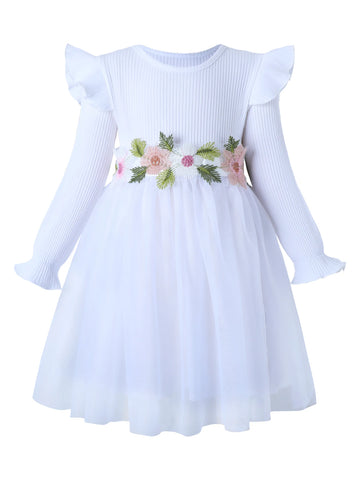 Girls' Long-Sleeve Tulle Dress Flower Belt Elegant Casual Spring Autumn