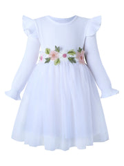Girls' Long-Sleeve Tulle Dress Flower Belt Elegant Casual Spring Autumn