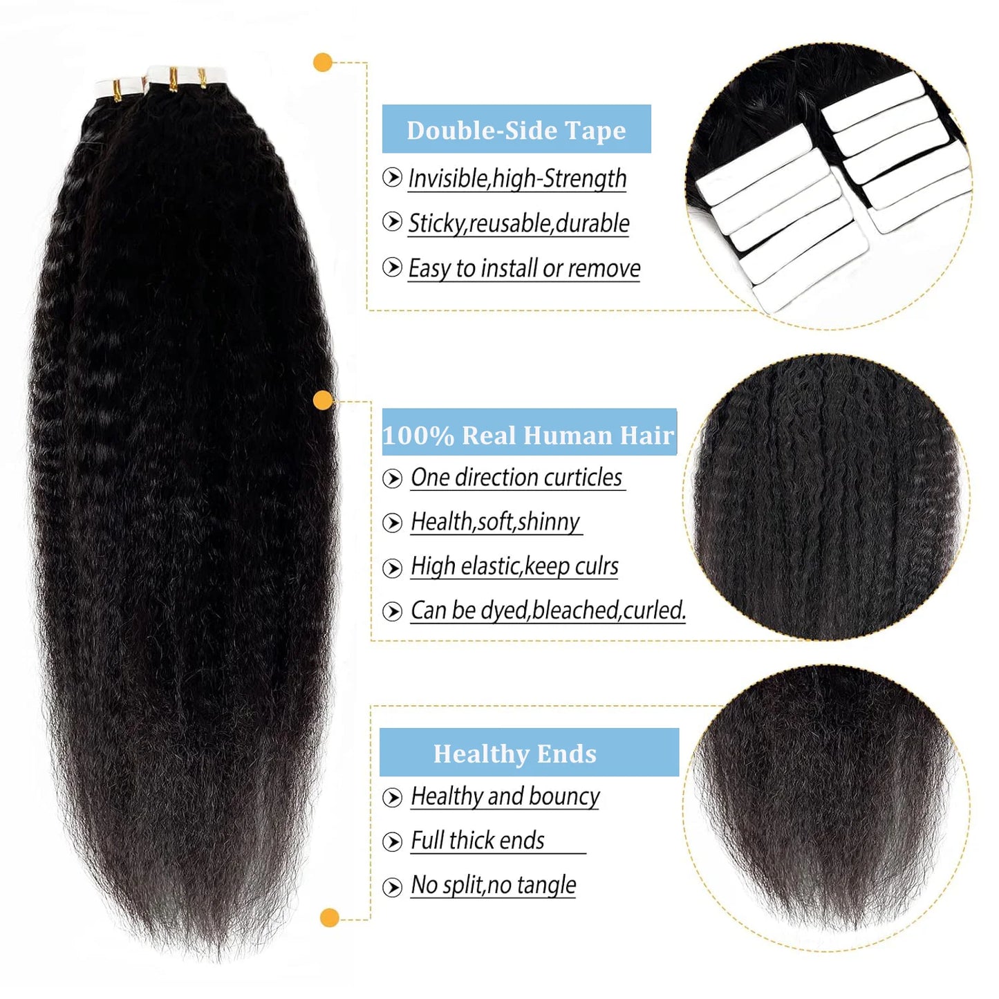 Tape In Kinky Straight Human Hair Extensions Brazilian Hair Adhesive Extensions Skin Weft Black 100% Real Human Hair for Women
