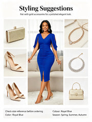 Women V-Neck Cape Sleeve Midi Dress Split Bodycon Elegant Evening Party Wedding Guest Dresses