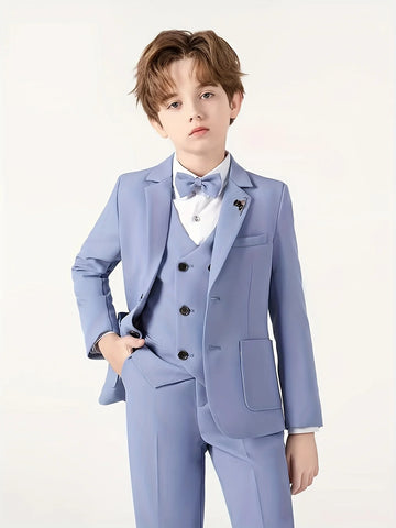 90-170 Teenager Kids Spring Beige 4Pieces/s Jacket Vest Pants Bowtie Wedding Dress Boys Photography Suit Children Host Costume