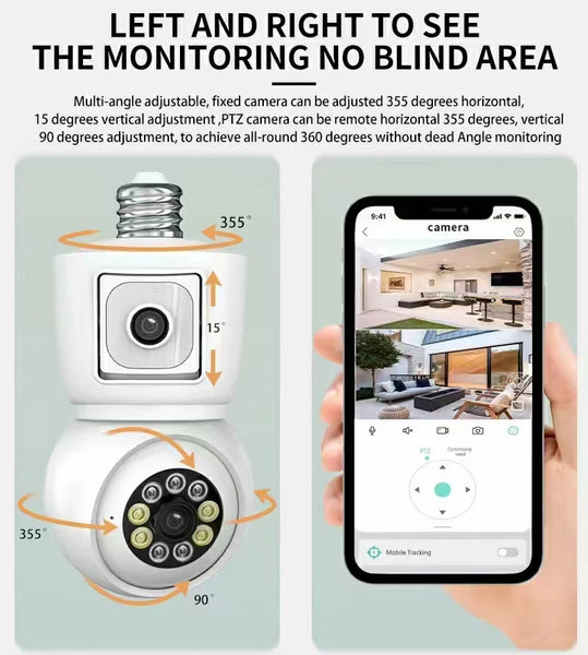 4MP UHD iCsee/V380Pro APP  Dual Lens E27 Lamp Head Socket Wireless PTZ IP Camera AI Humanoid Detection Baby Monit