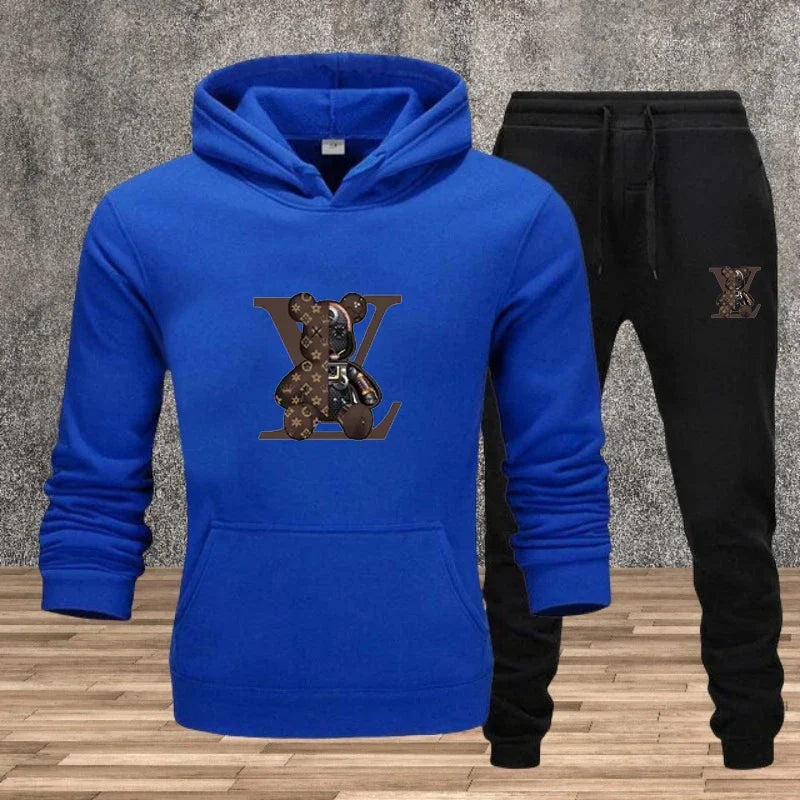 Men's hooded pullover + sweatpants fitness set for autumn and winter, casual jogging two-piece set