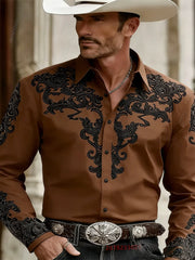 Men's Western Cowboy Style Fashion Print Long-Sleeve Shirt, Retro Lapel Slim Fit, Outdoor Casual Shirt, Sizes XS-6XL, 21 Colors