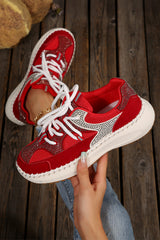 Fiery Red Rhinestone PU Leather Platform Casual Sneakers