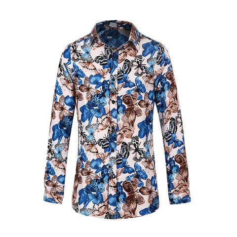 Spring new men's casual long-sleeved floral shirt