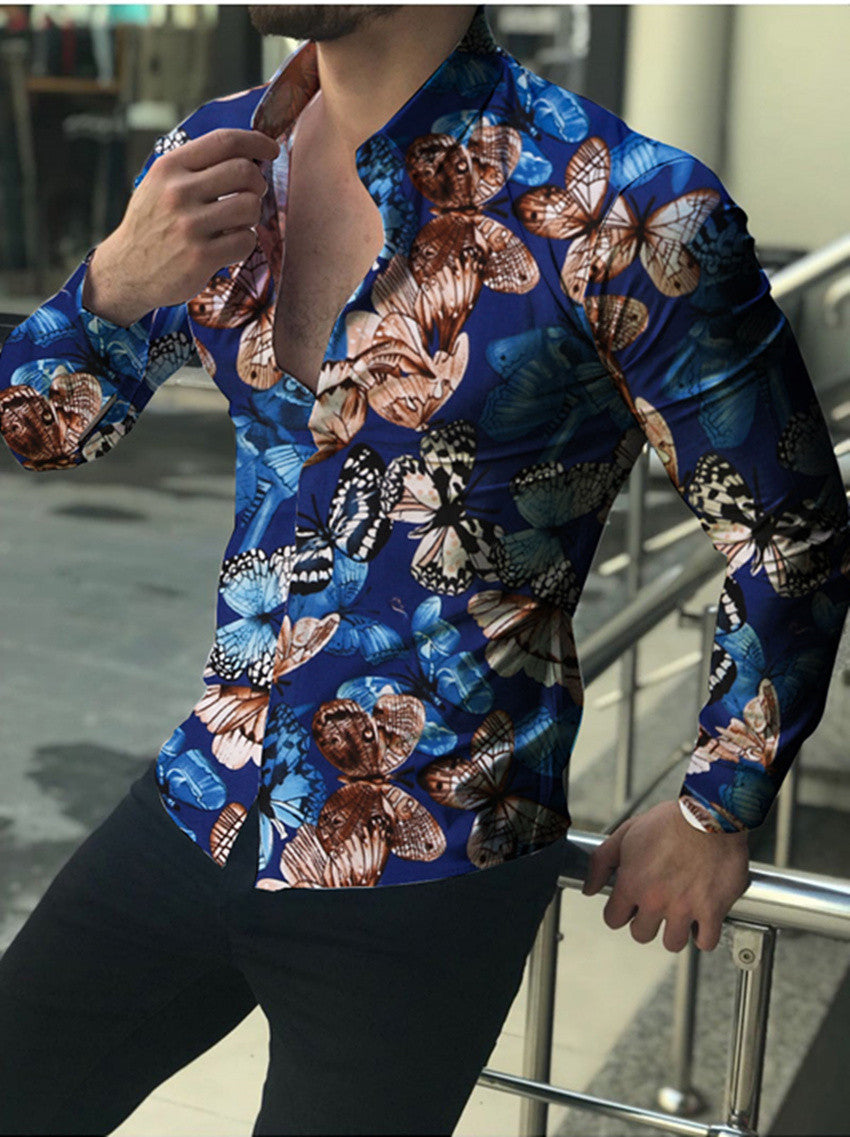Spring new men's casual long-sleeved floral shirt