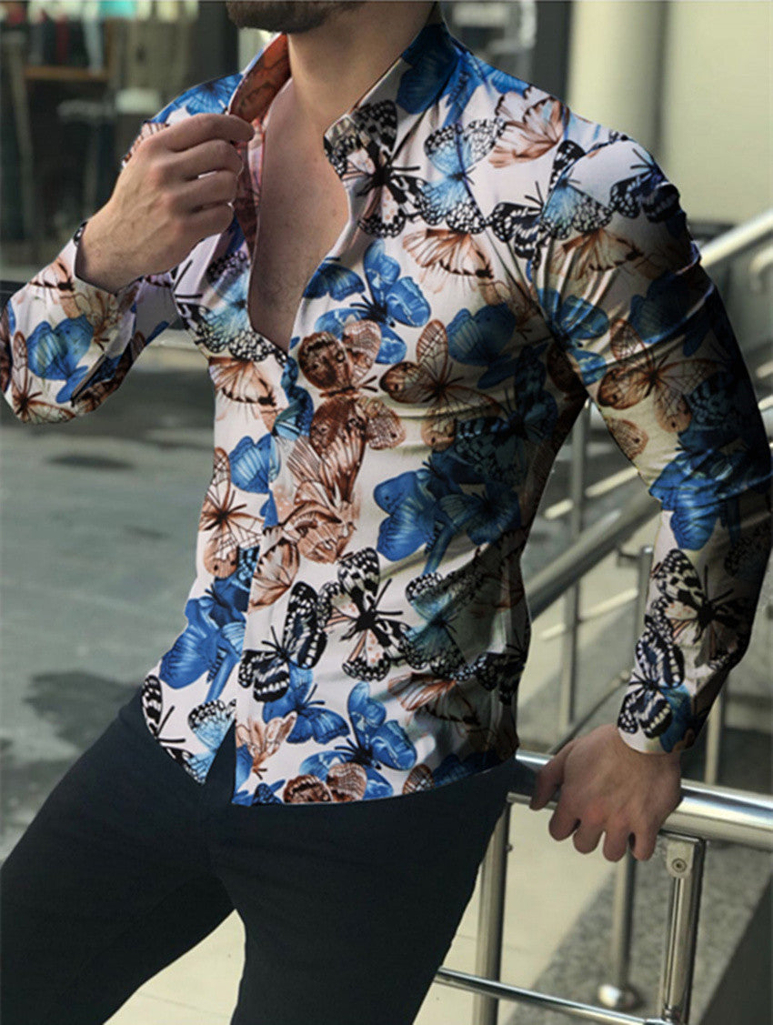 Spring new men's casual long-sleeved floral shirt