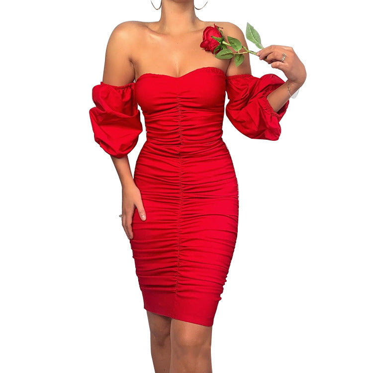 Solid color pleated one line shoulder bag hip dress female - Women & Men Fashion Store | JL Fashion Store