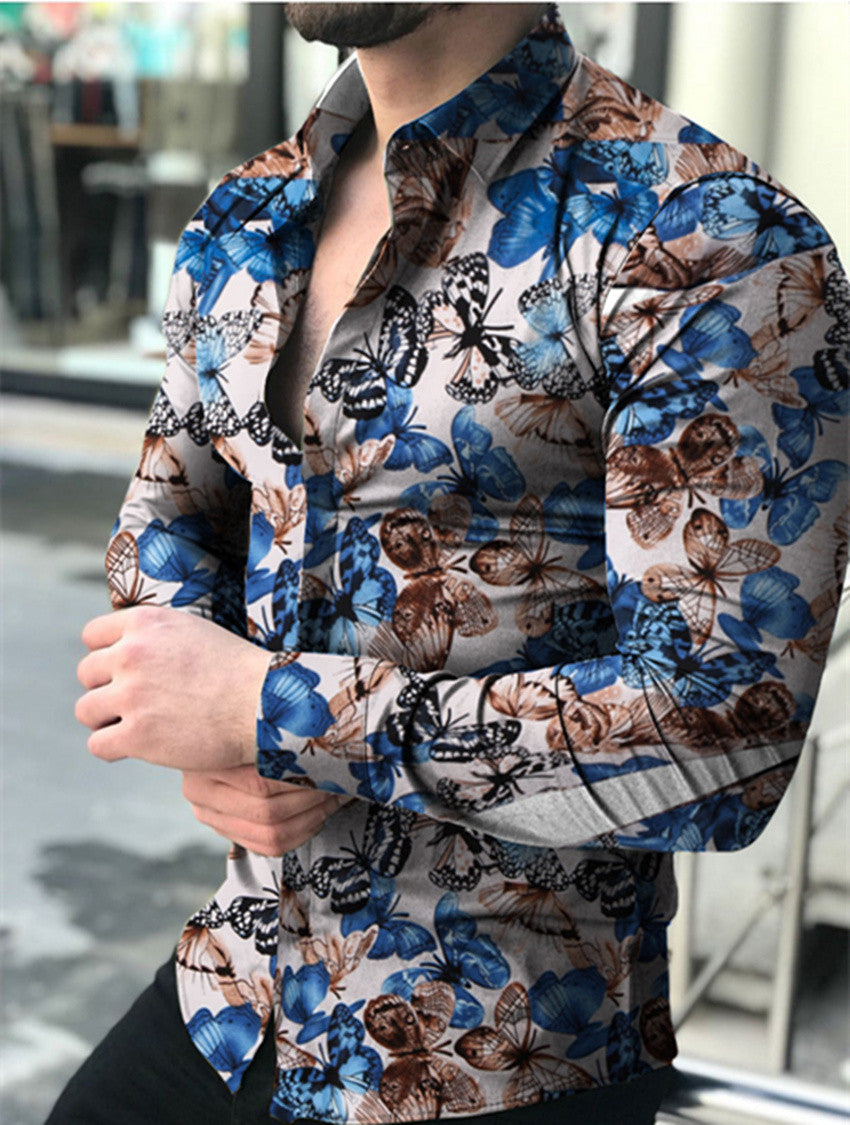 Spring new men's casual long-sleeved floral shirt