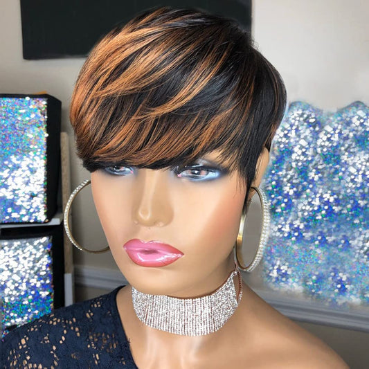 VIP Short Pixie Cut Wig Cheap Human Hair Wigs Straight Bob Wigs With Bangs Full Machine Human Hair for Black Women Black &amp; Ombre