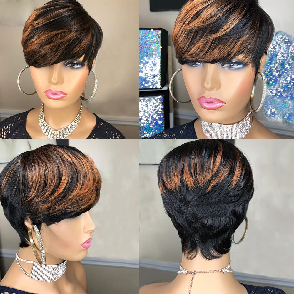 VIP Short Pixie Cut Wig Cheap Human Hair Wigs Straight Bob Wigs With Bangs Full Machine Human Hair for Black Women Black &amp; Ombre