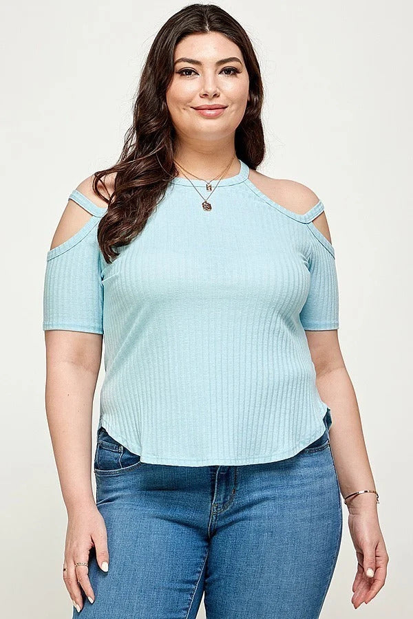 Plus Size, Solid Ribbed Cold Shoulder Top - Women & Men Fashion Store | JL Fashion Store