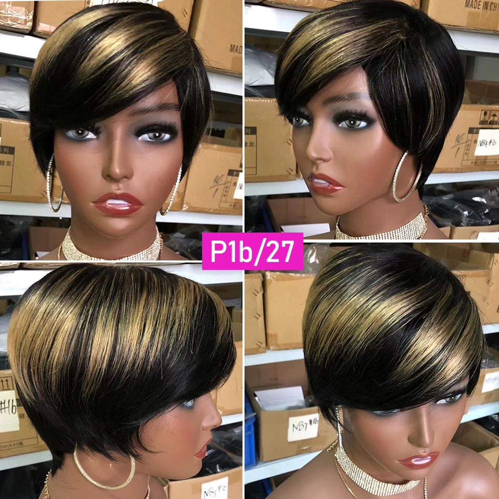 VIP Short Pixie Cut Wig Cheap Human Hair Wigs Straight Bob Wigs With Bangs Full Machine Human Hair for Black Women Black &amp; Ombre