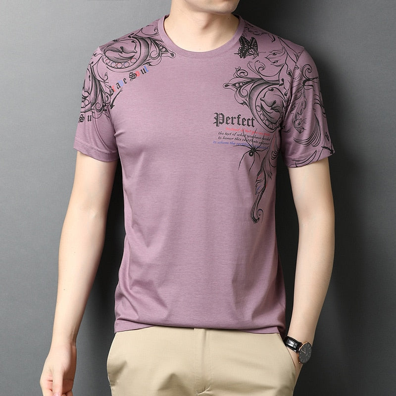 Top Quality Mercerized Cotton Summer Print New Brand Tops O Neck t Shirt Men 2023 Short Sleeve Casual Fashion Mens Clothing
