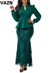 VAZN New chic 2020 spring sexy lady 3 colors long dress full sleeve ruffles ankle-length trumpet dress lady special party dress