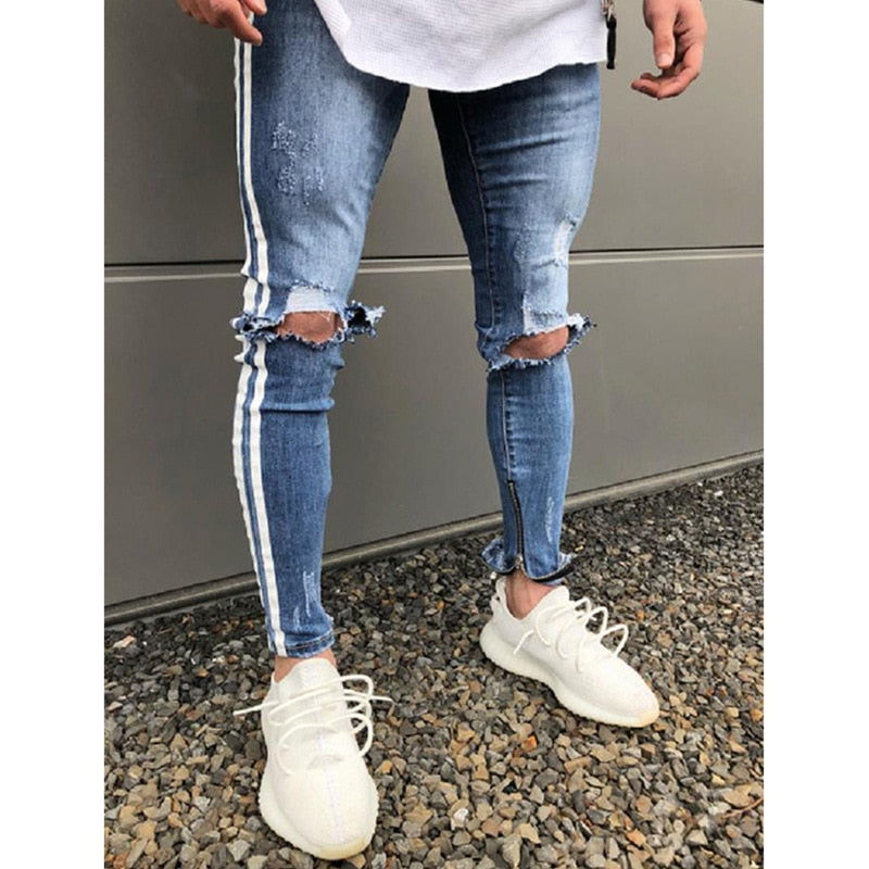 Skinny Jeans Men Hip Hop striped  elastic slim fit Denim