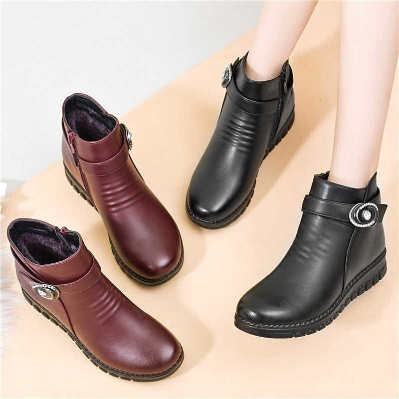 ZZPOHE Winter Boots Genuine Leather Wedge Heels Women Snow Boots Famale Non-slip Warm Fur Ankle Boots Women&#39;s Casual Shoes