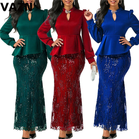 VAZN New chic 2020 spring sexy lady 3 colors long dress full sleeve ruffles ankle-length trumpet dress lady special party dress
