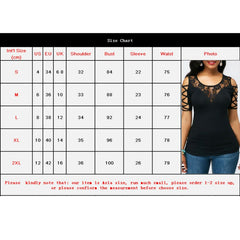 Women Lace T-shirt Solid Color Mesh Round Neck Short Sleeve Bandage Hollow Out Slim Tee Top Summer Casual Tops