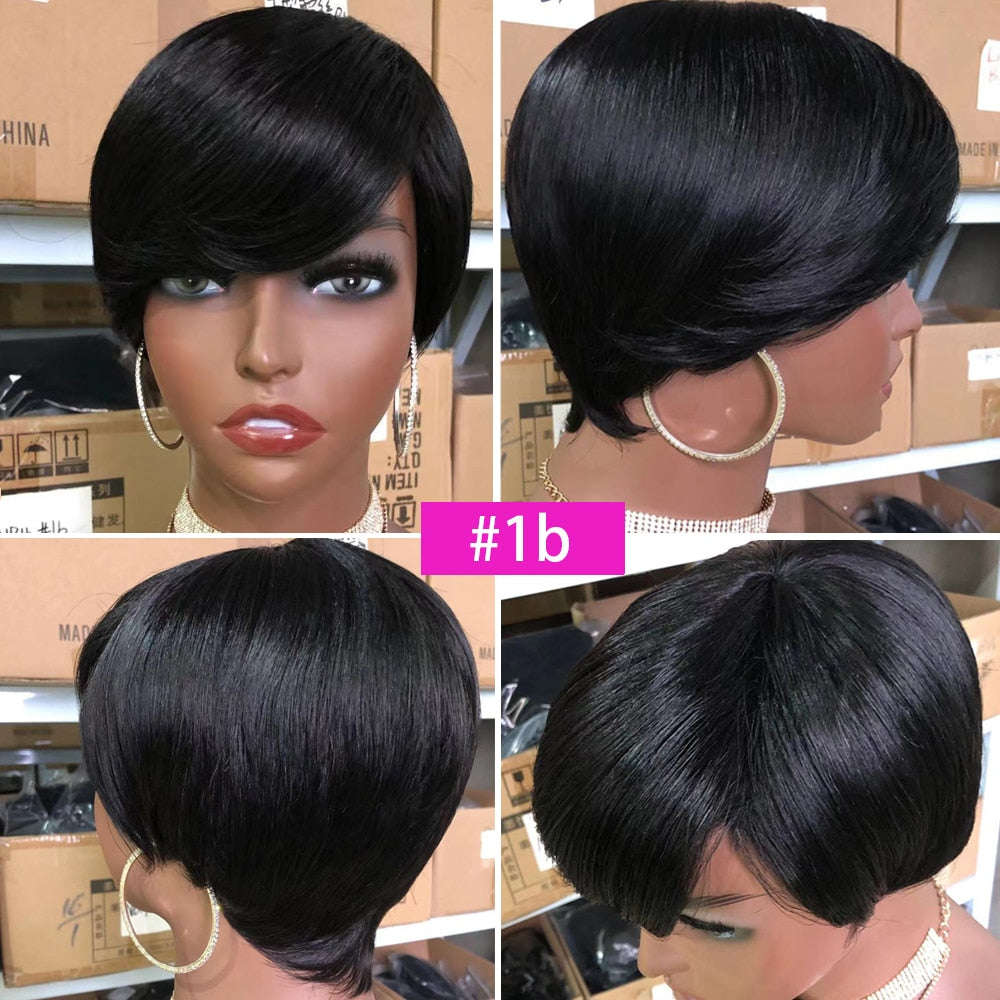 VIP Short Pixie Cut Wig Cheap Human Hair Wigs Straight Bob Wigs With Bangs Full Machine Human Hair for Black Women Black &amp; Ombre