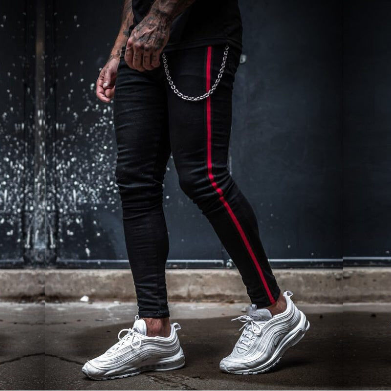 Skinny Jeans Men Hip Hop striped  elastic slim fit Denim
