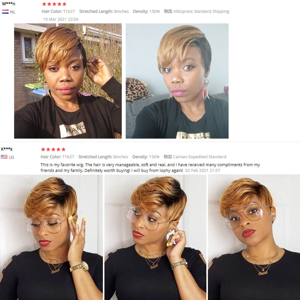 VIP Short Pixie Cut Wig Cheap Human Hair Wigs Straight Bob Wigs With Bangs Full Machine Human Hair for Black Women Black &amp; Ombre