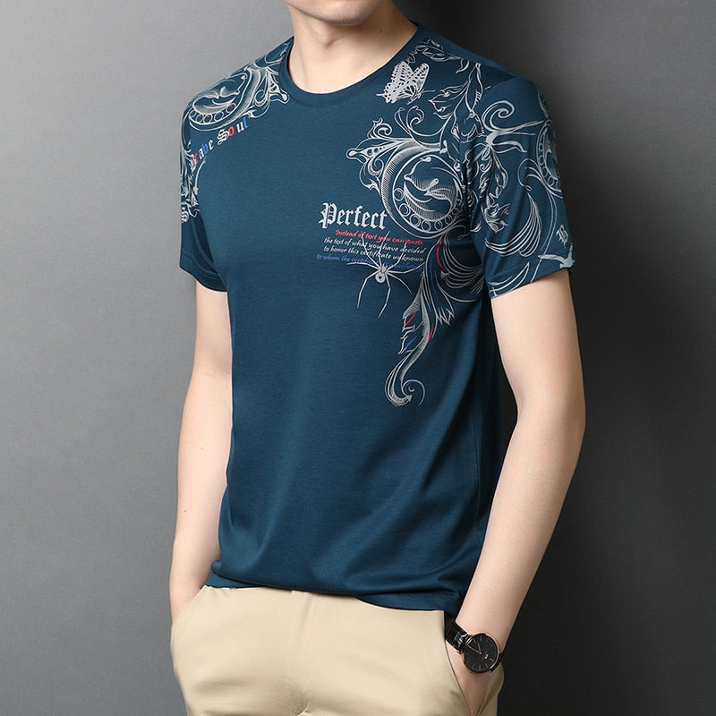 Top Quality Mercerized Cotton Summer Print New Brand Tops O Neck t Shirt Men 2023 Short Sleeve Casual Fashion Mens Clothing